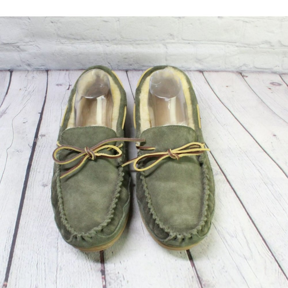 LL Bean Green Suede Wicked Good Shearling Lined Moccasin Slippers Size 12 - Picture 5 of 9